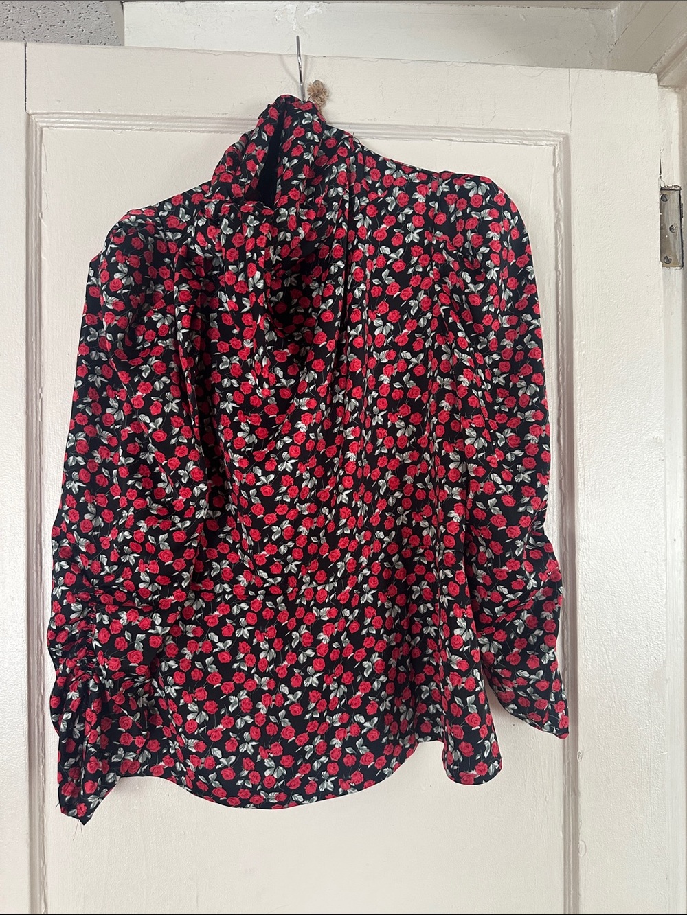 Womens Black Floral Blouse with Red Rose Print